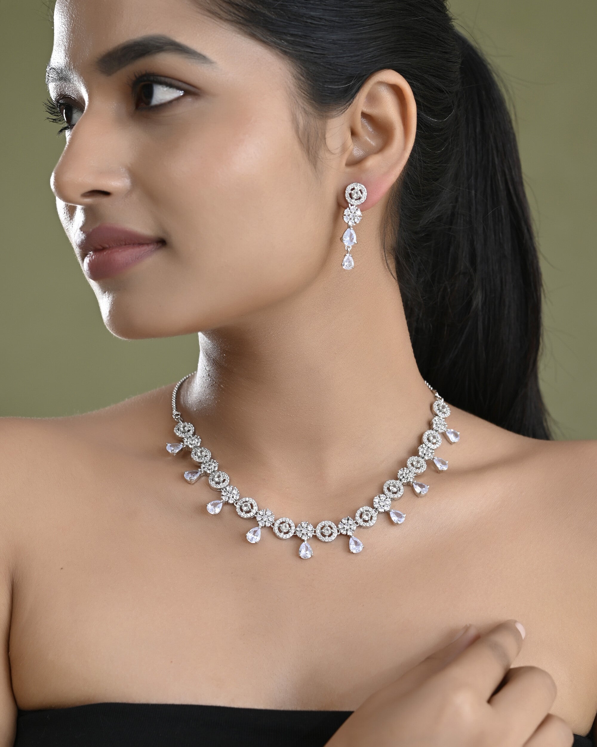 VOJ Silver Plated Floral And Cricular AD Jewellery Set