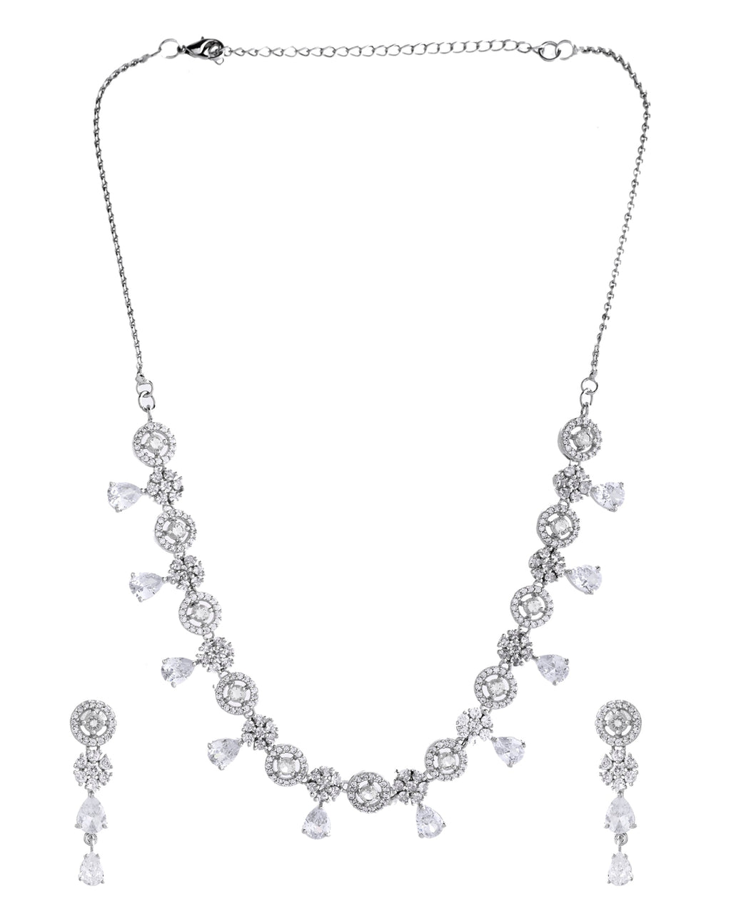 VOJ Silver Plated Floral And Cricular AD Jewellery Set