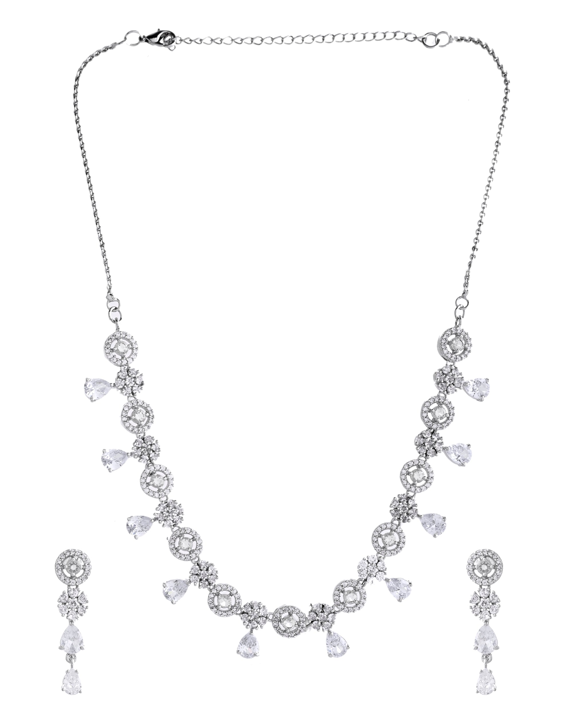 VOJ Silver Plated Floral And Cricular AD Jewellery Set