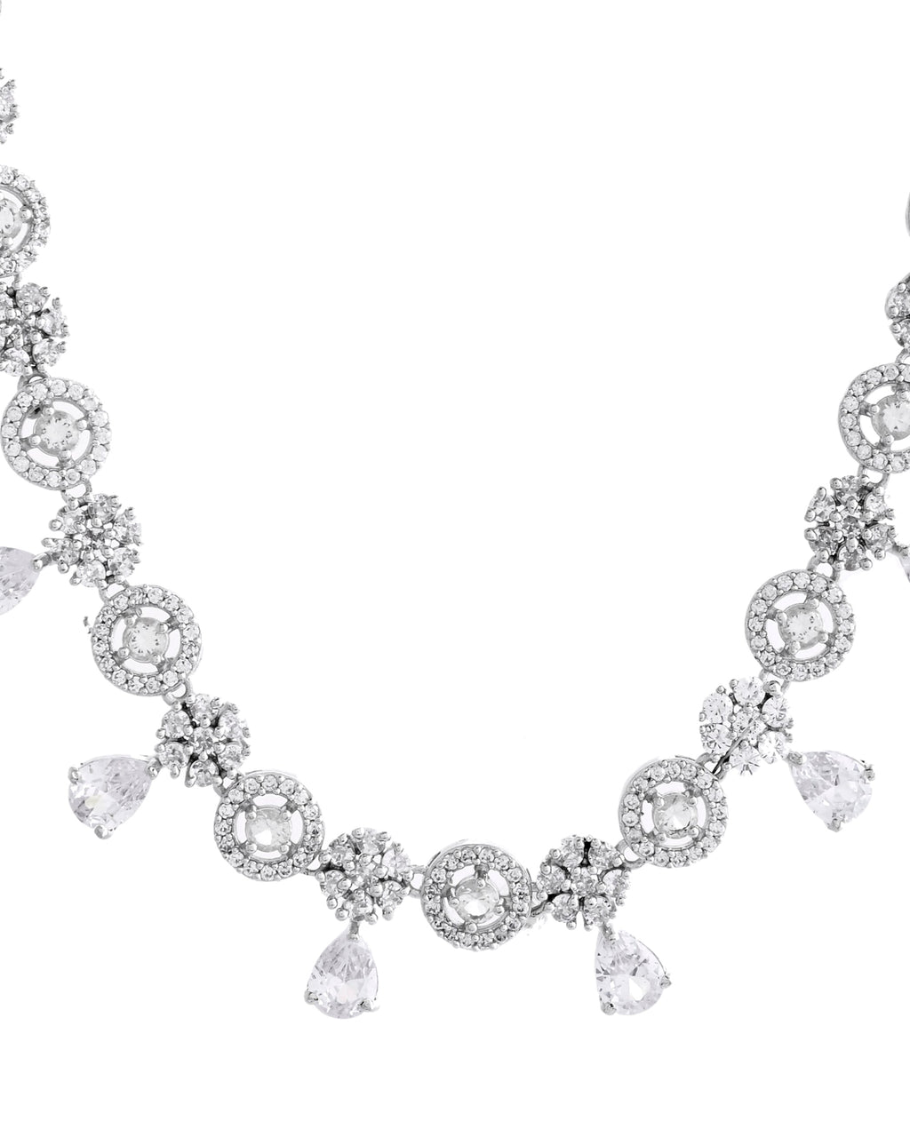 VOJ Silver Plated Floral And Cricular AD Jewellery Set