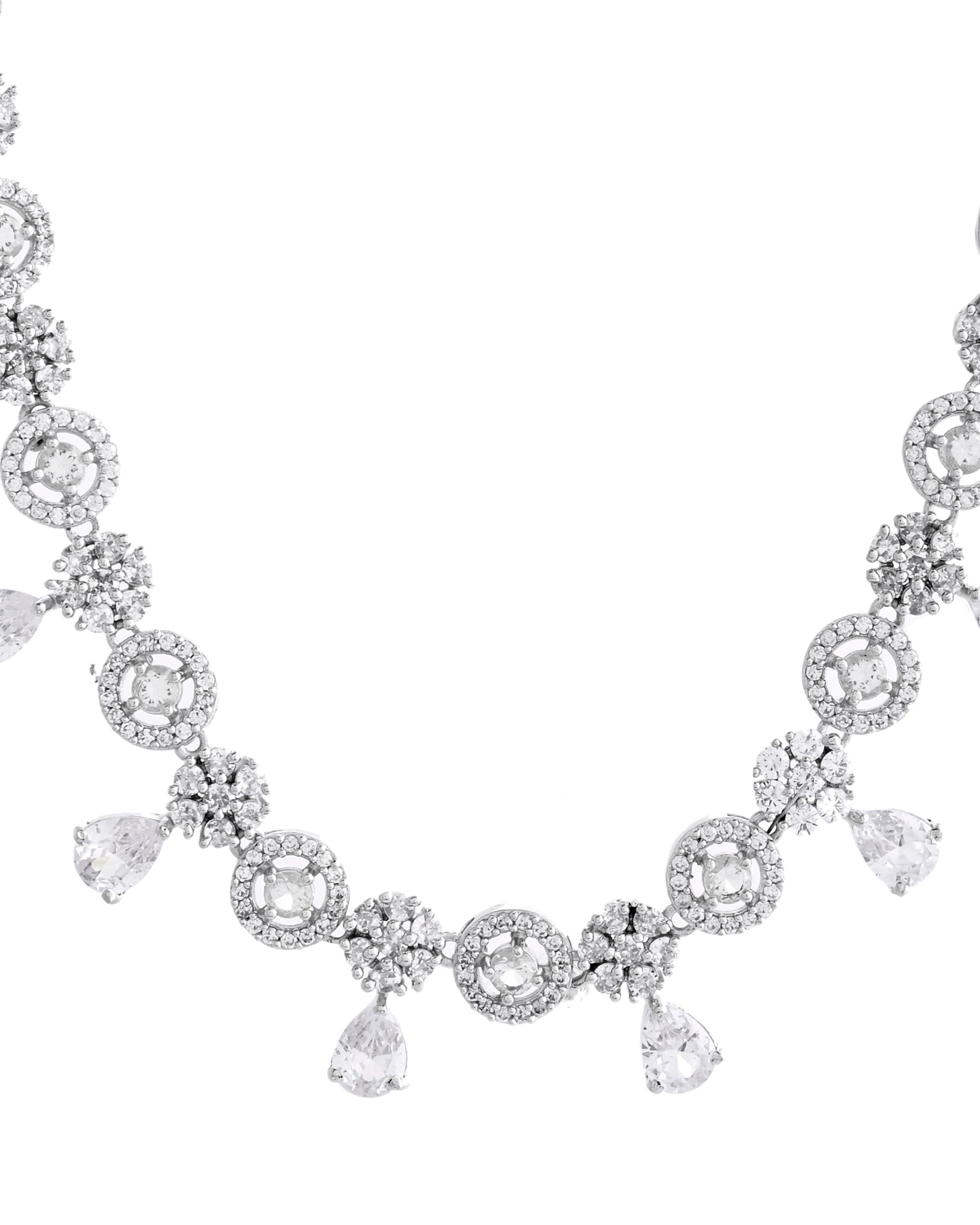 VOJ Silver Plated Floral And Cricular AD Jewellery Set