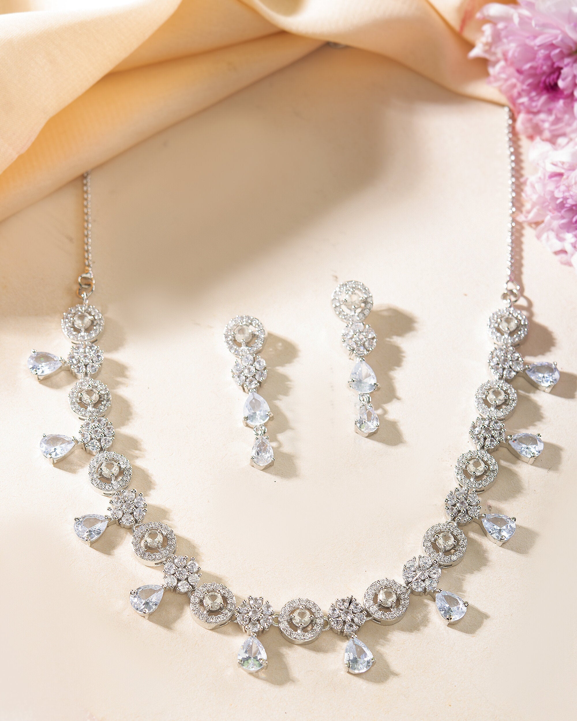 VOJ Silver Plated Floral And Cricular AD Jewellery Set