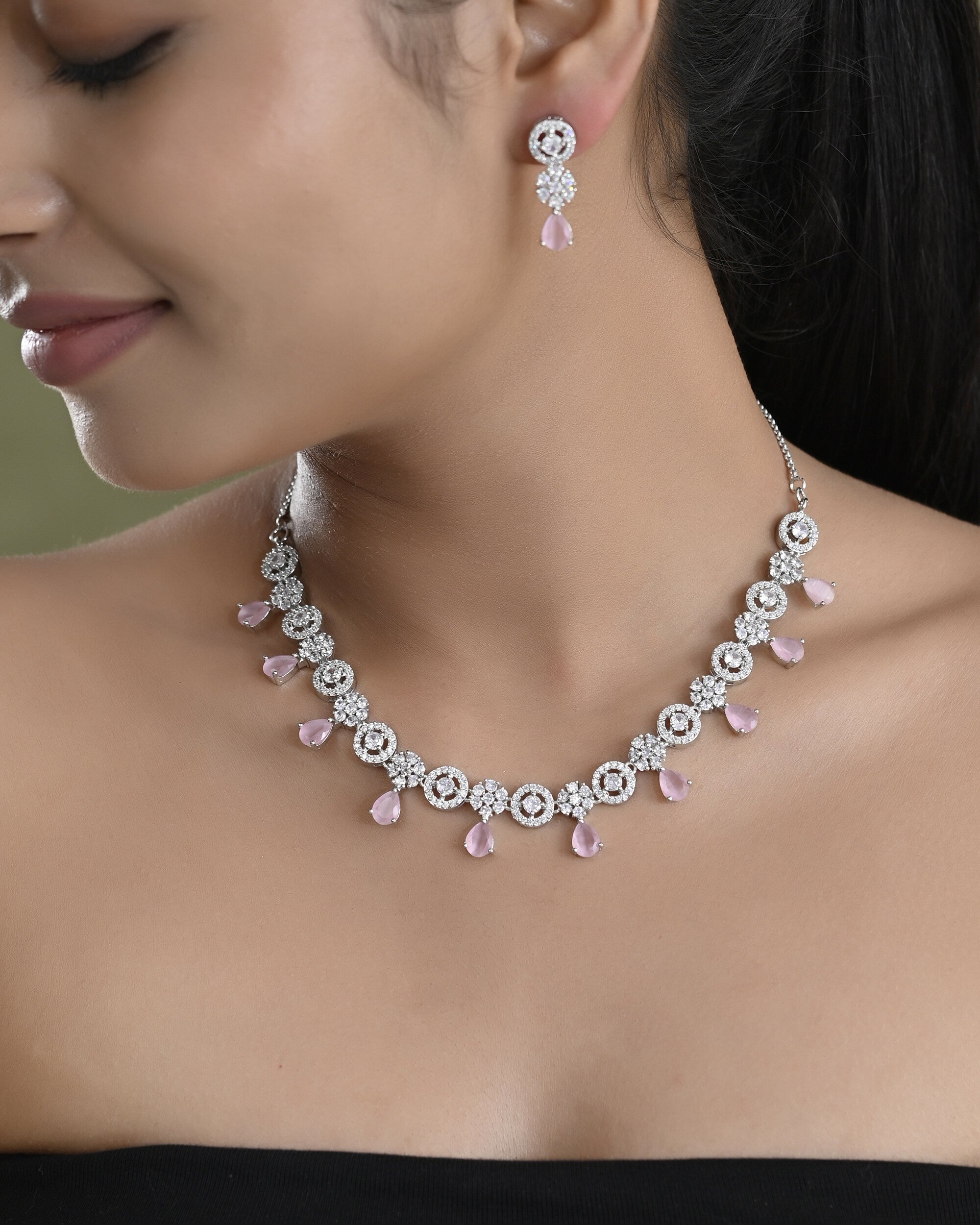 VOJ Silver Plated Baby Pink Stone Floral And Cricular AD Jewellery Set