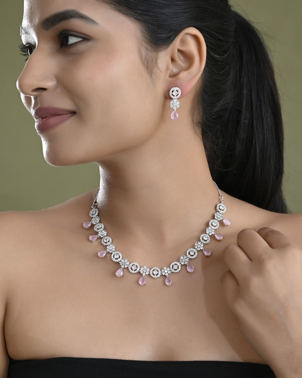 VOJ Silver Plated Baby Pink Stone Floral And Cricular AD Jewellery Set
