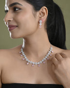 VOJ Silver Plated Baby Pink Stone Floral And Cricular AD Jewellery Set