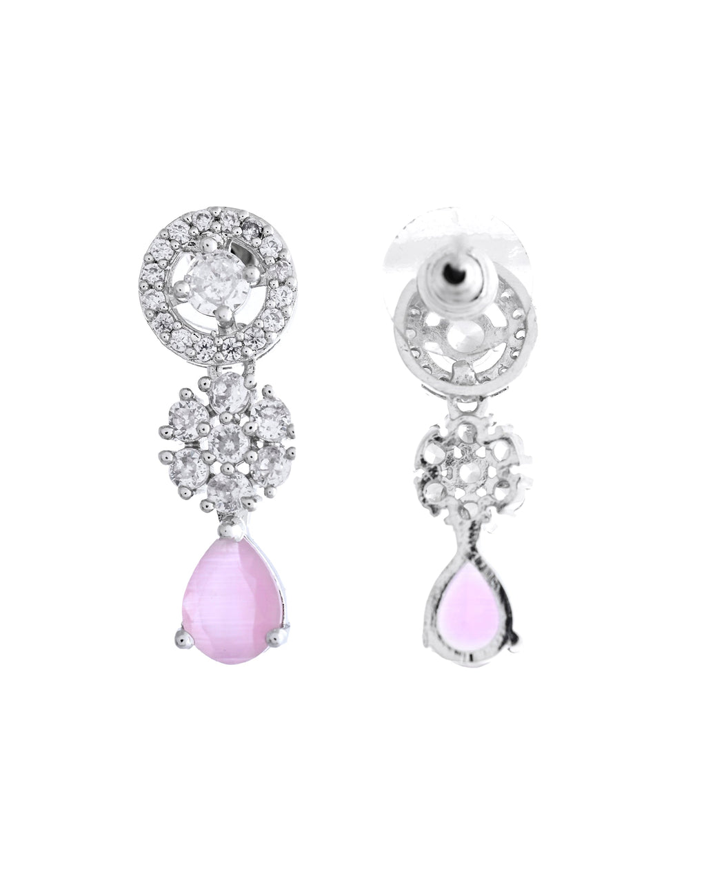 VOJ Silver Plated Baby Pink Stone Floral And Cricular AD Jewellery Set