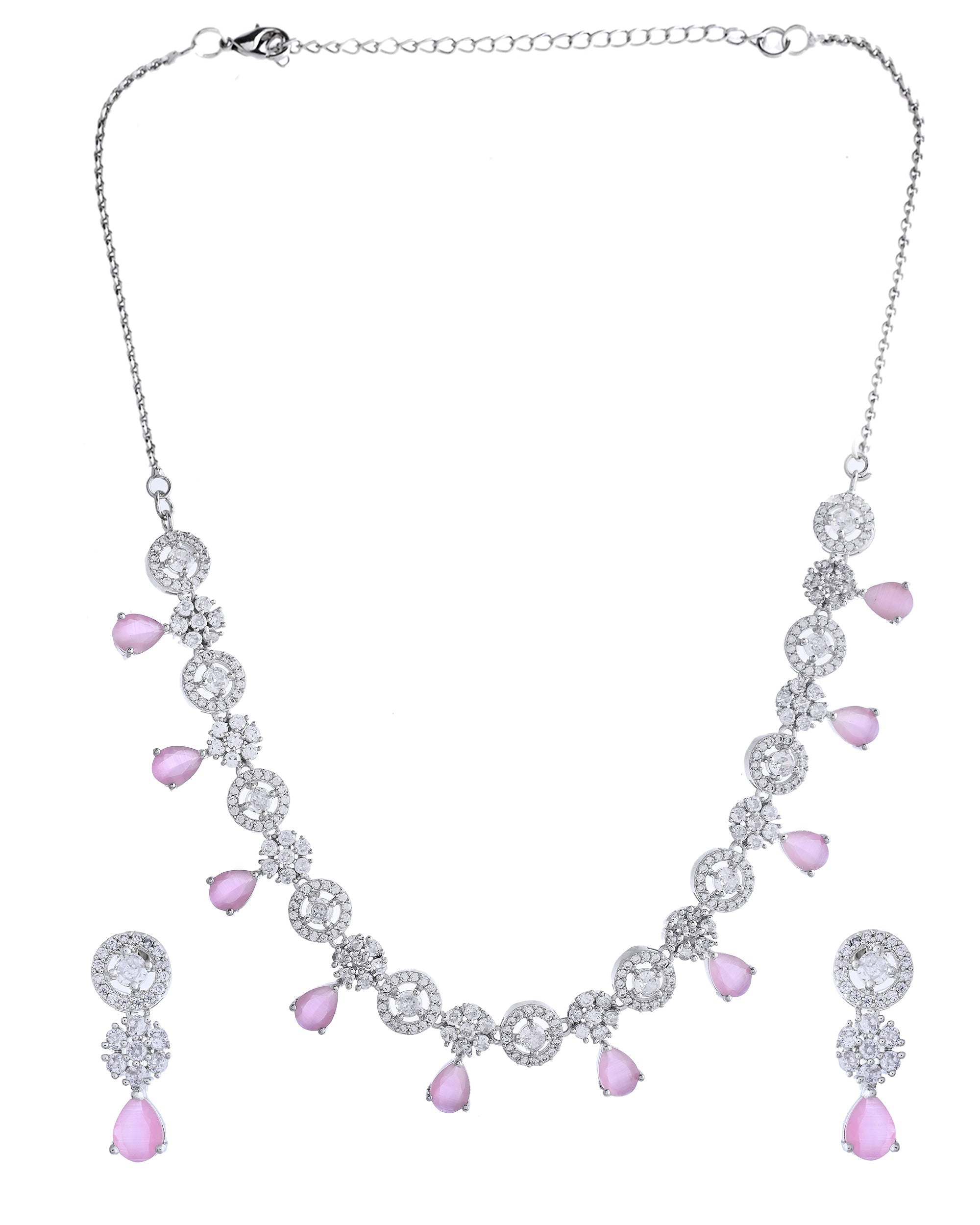 VOJ Silver Plated Baby Pink Stone Floral And Cricular AD Jewellery Set