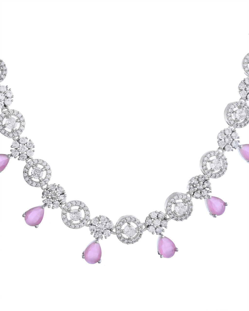 VOJ Silver Plated Baby Pink Stone Floral And Cricular AD Jewellery Set