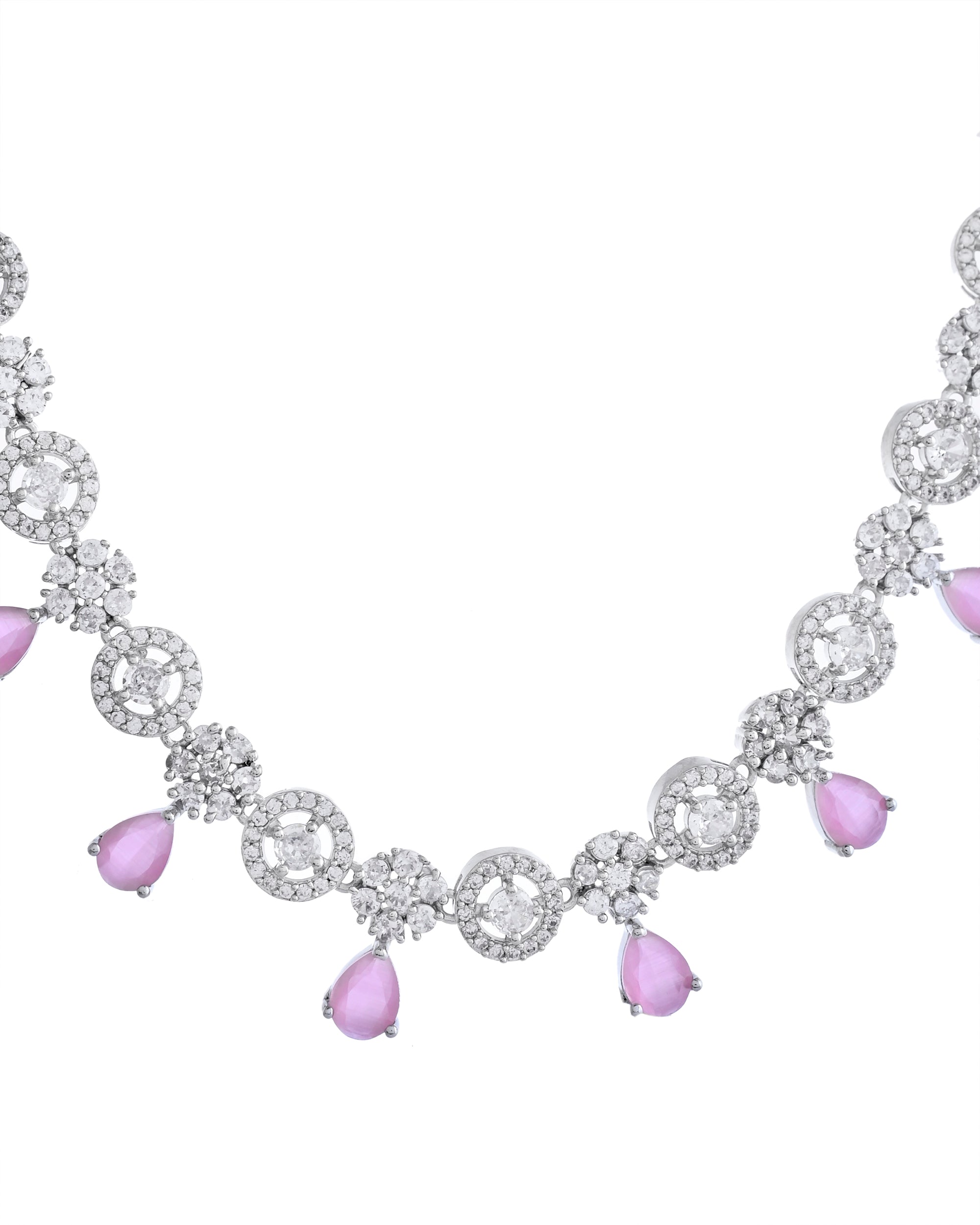 VOJ Silver Plated Baby Pink Stone Floral And Cricular AD Jewellery Set