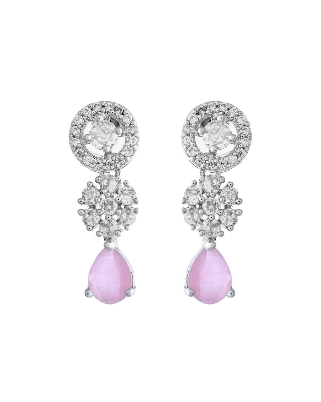 VOJ Silver Plated Baby Pink Stone Floral And Cricular AD Jewellery Set