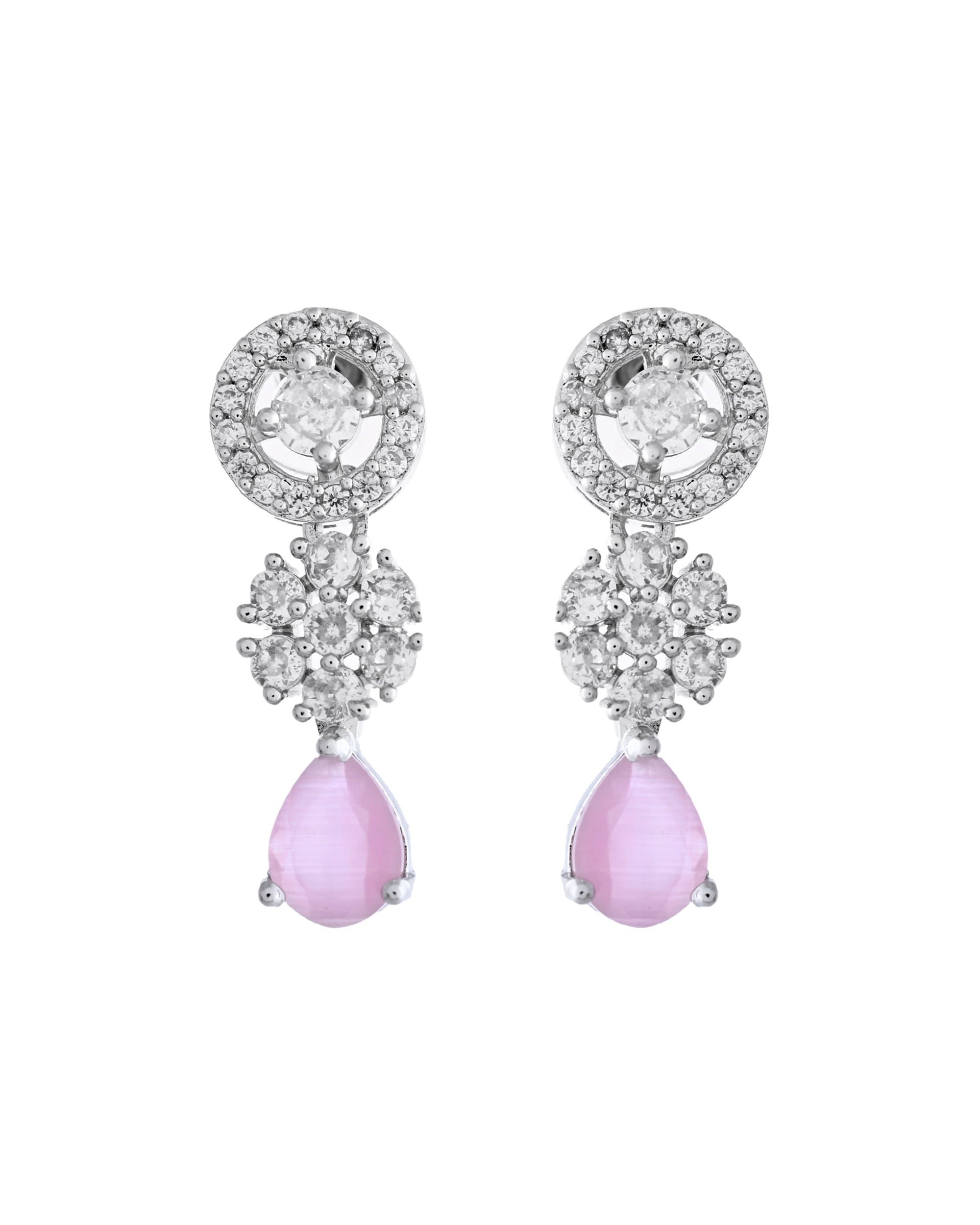 VOJ Silver Plated Baby Pink Stone Floral And Cricular AD Jewellery Set