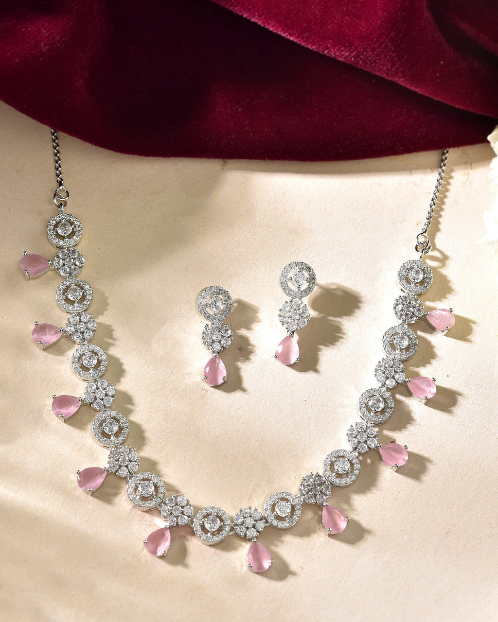 VOJ Silver Plated Baby Pink Stone Floral And Cricular AD Jewellery Set