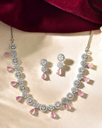 VOJ Silver Plated Baby Pink Stone Floral And Cricular AD Jewellery Set