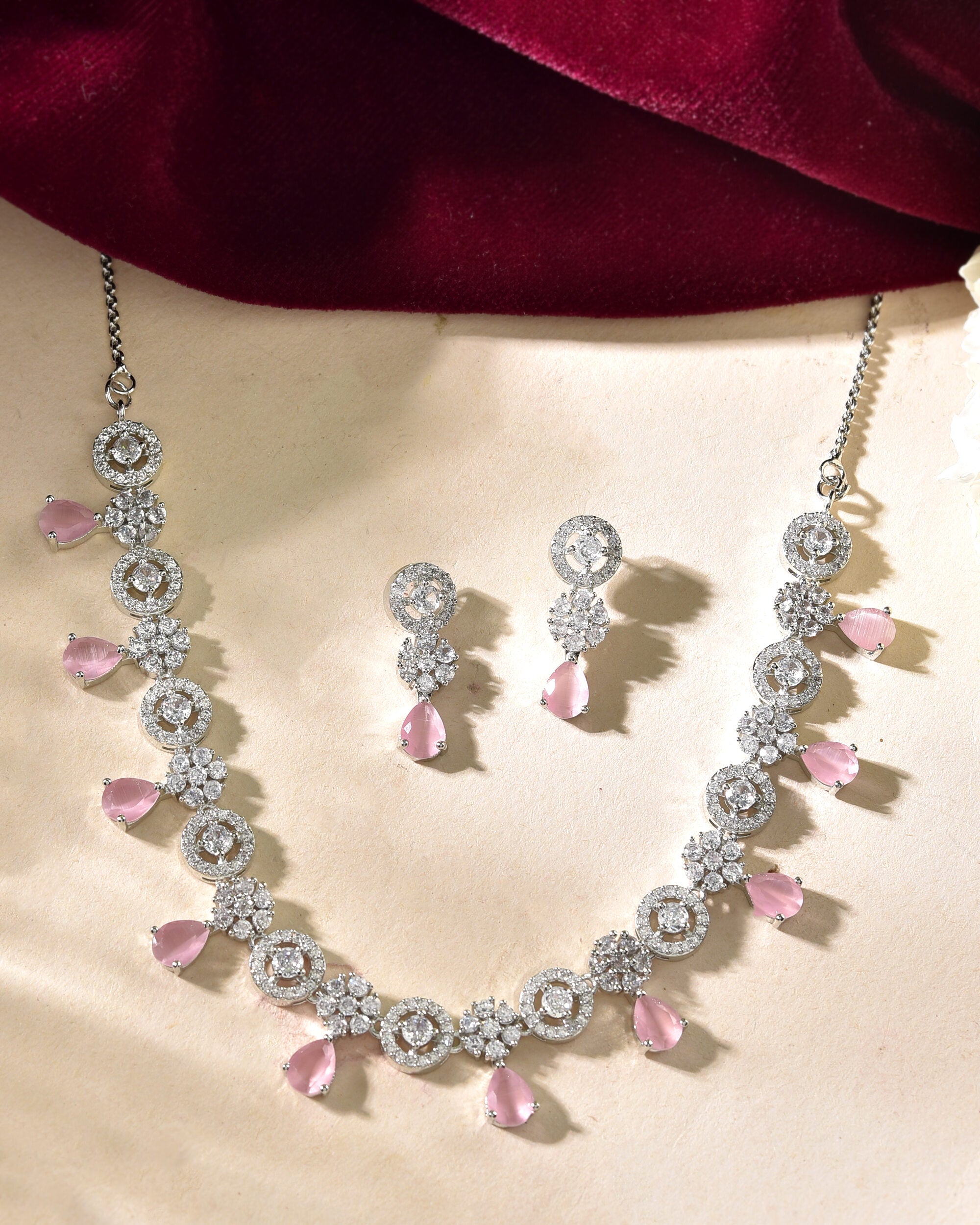 VOJ Silver Plated Baby Pink Stone Floral And Cricular AD Jewellery Set