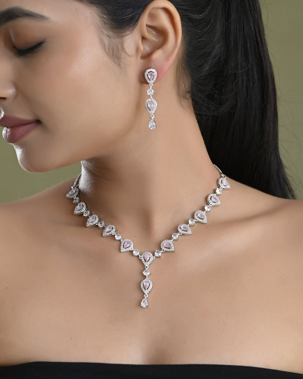 VOJ Silver Plated Baby Pink Stone Tear Drop Shaped AD Jewellery Set