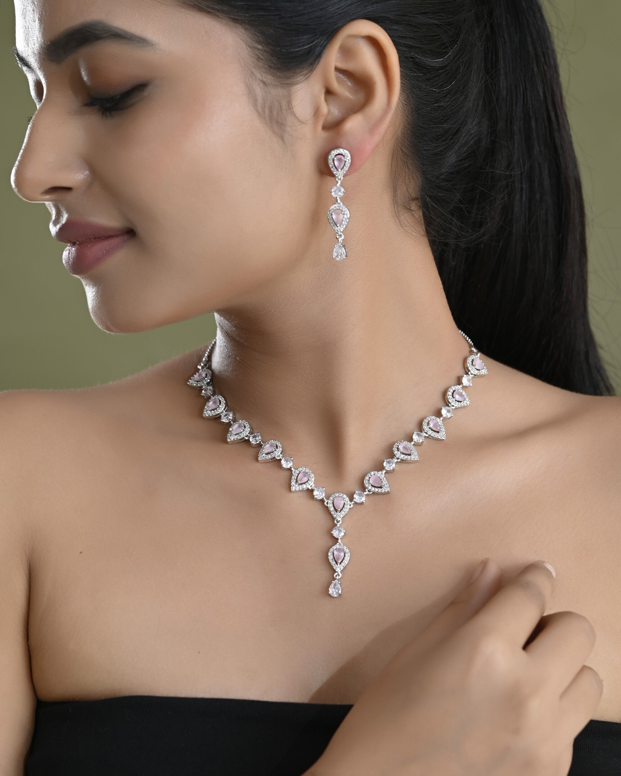 VOJ Silver Plated Baby Pink Stone Tear Drop Shaped AD Jewellery Set