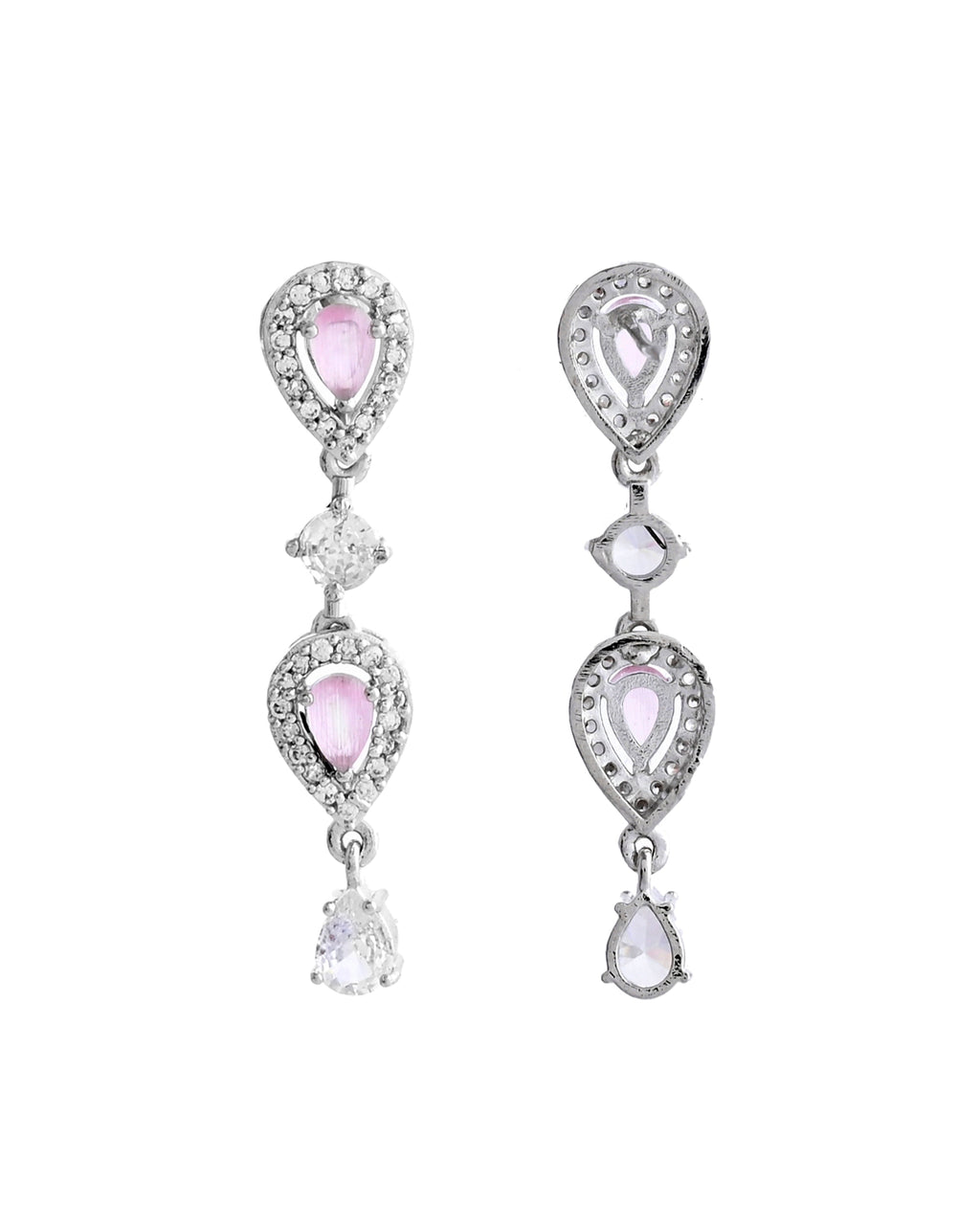VOJ Silver Plated Baby Pink Stone Tear Drop Shaped AD Jewellery Set