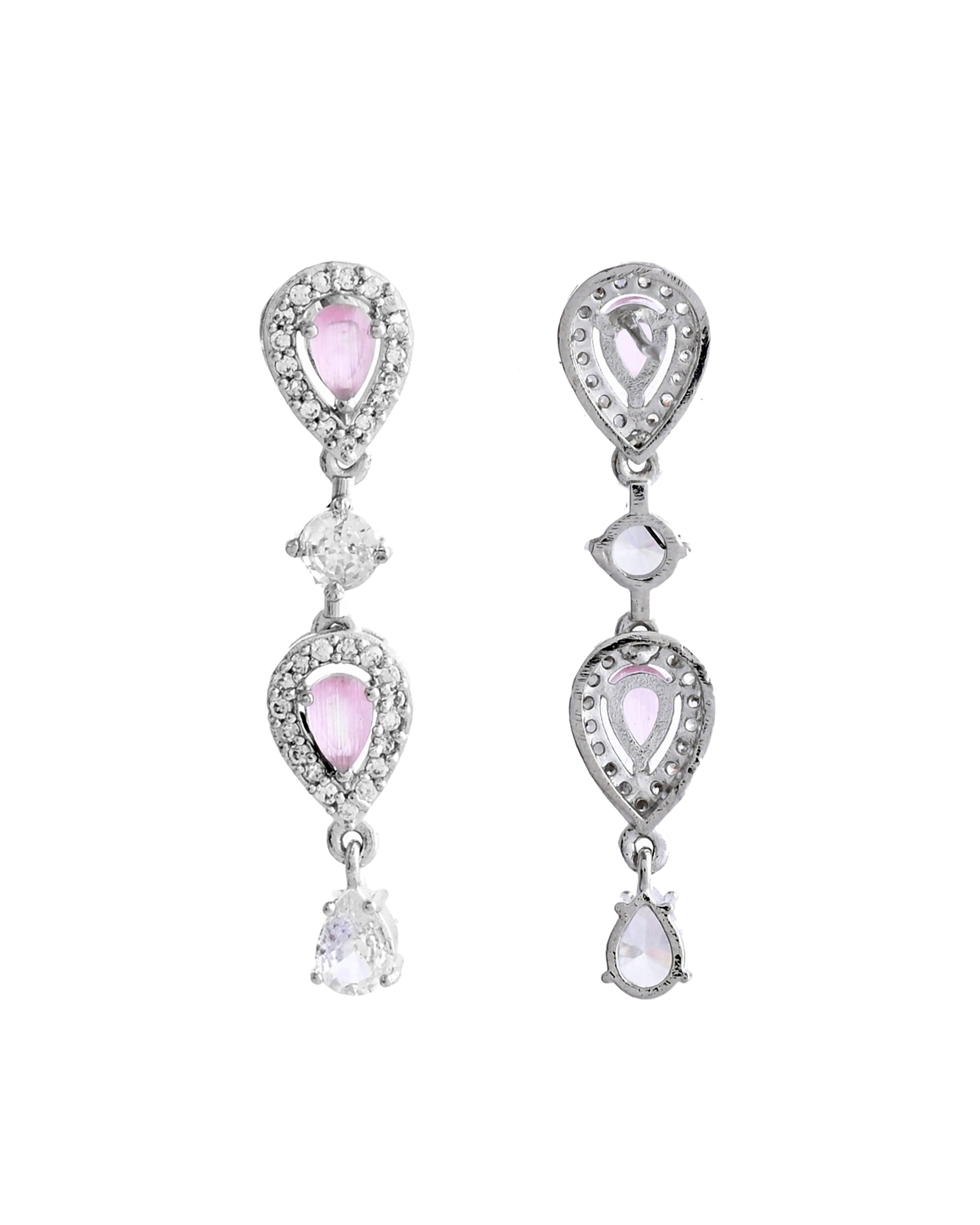 VOJ Silver Plated Baby Pink Stone Tear Drop Shaped AD Jewellery Set