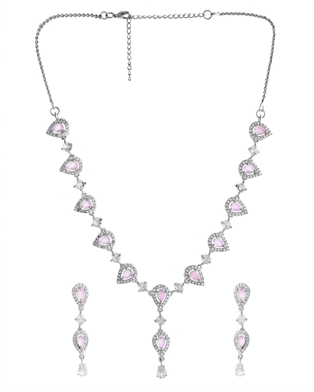 VOJ Silver Plated Baby Pink Stone Tear Drop Shaped AD Jewellery Set