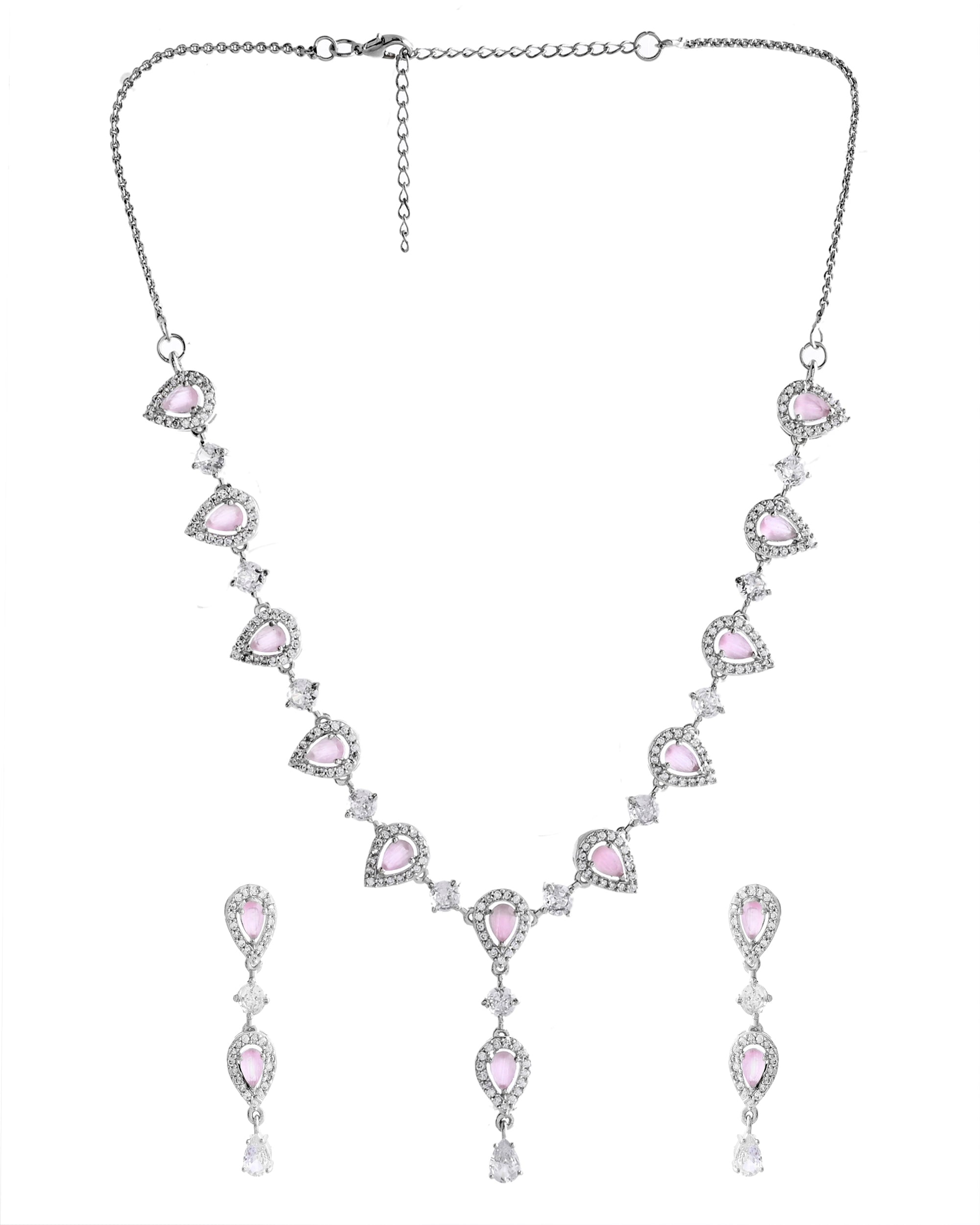 VOJ Silver Plated Baby Pink Stone Tear Drop Shaped AD Jewellery Set