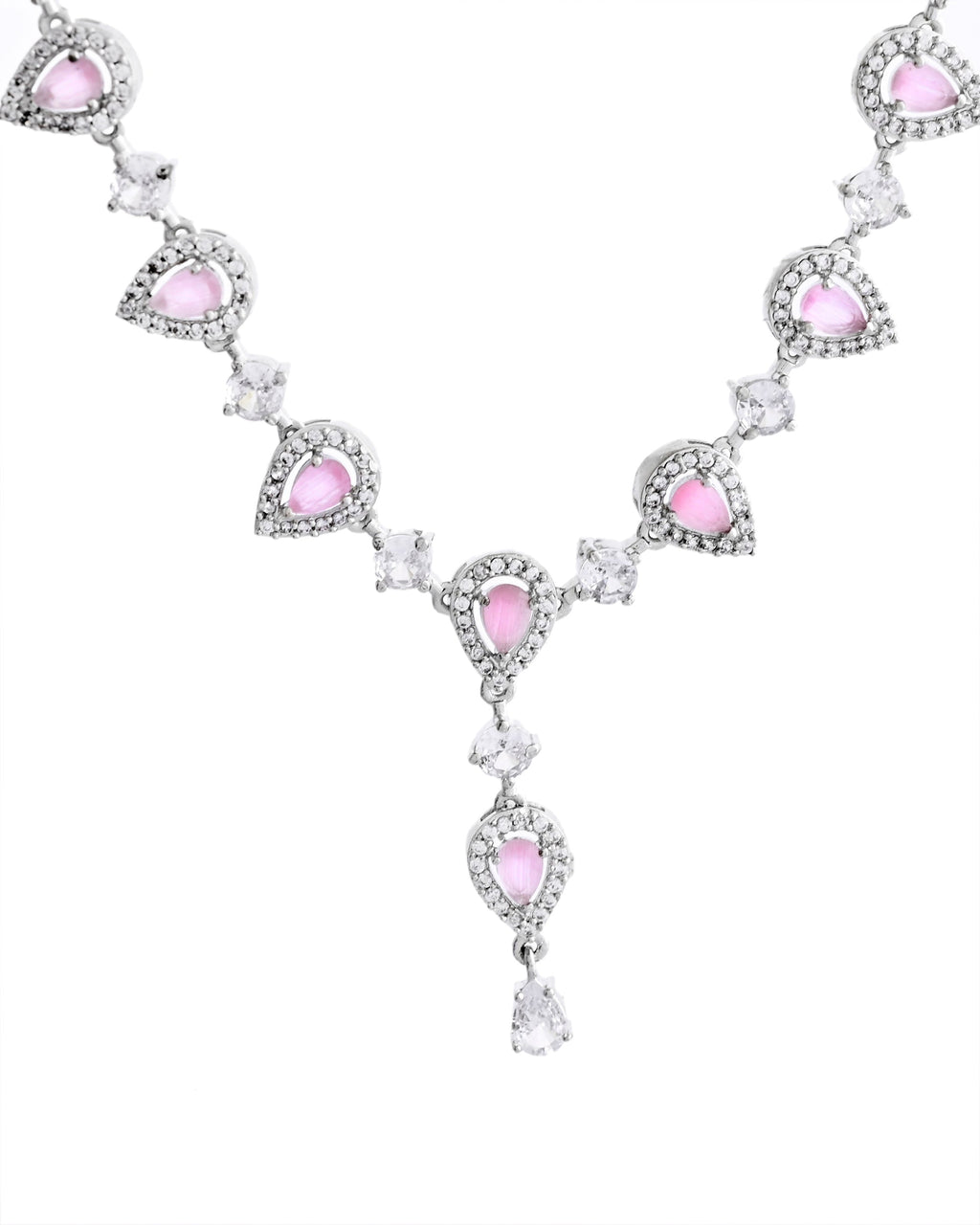 VOJ Silver Plated Baby Pink Stone Tear Drop Shaped AD Jewellery Set