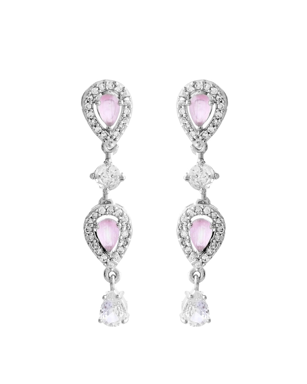 VOJ Silver Plated Baby Pink Stone Tear Drop Shaped AD Jewellery Set