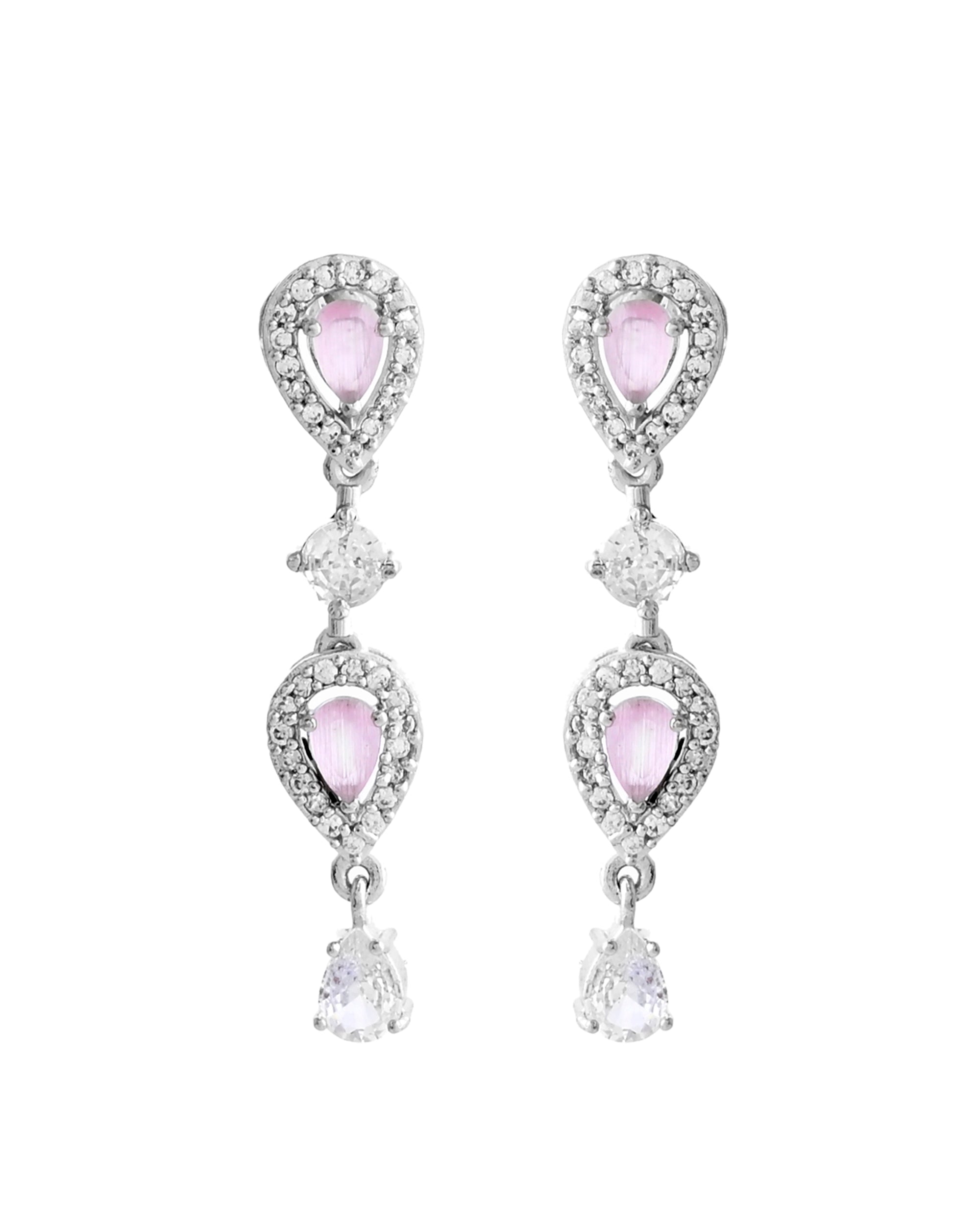 VOJ Silver Plated Baby Pink Stone Tear Drop Shaped AD Jewellery Set