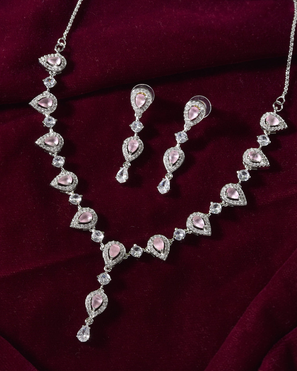 VOJ Silver Plated Baby Pink Stone Tear Drop Shaped AD Jewellery Set