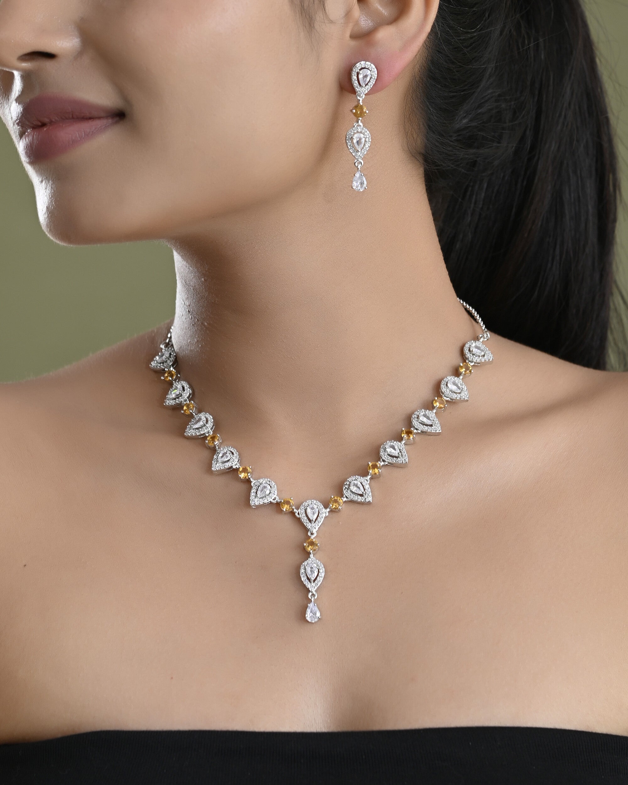 VOJ Silver Plated Yellow Stone Tear Drop Shaped AD Jewellery Set