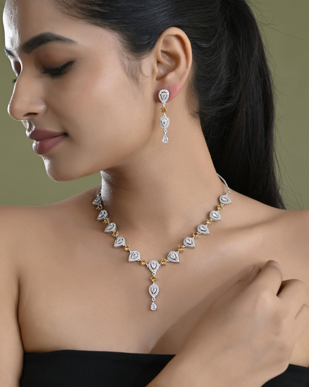 VOJ Silver Plated Yellow Stone Tear Drop Shaped AD Jewellery Set