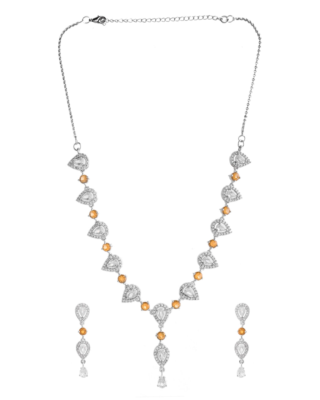 VOJ Silver Plated Yellow Stone Tear Drop Shaped AD Jewellery Set