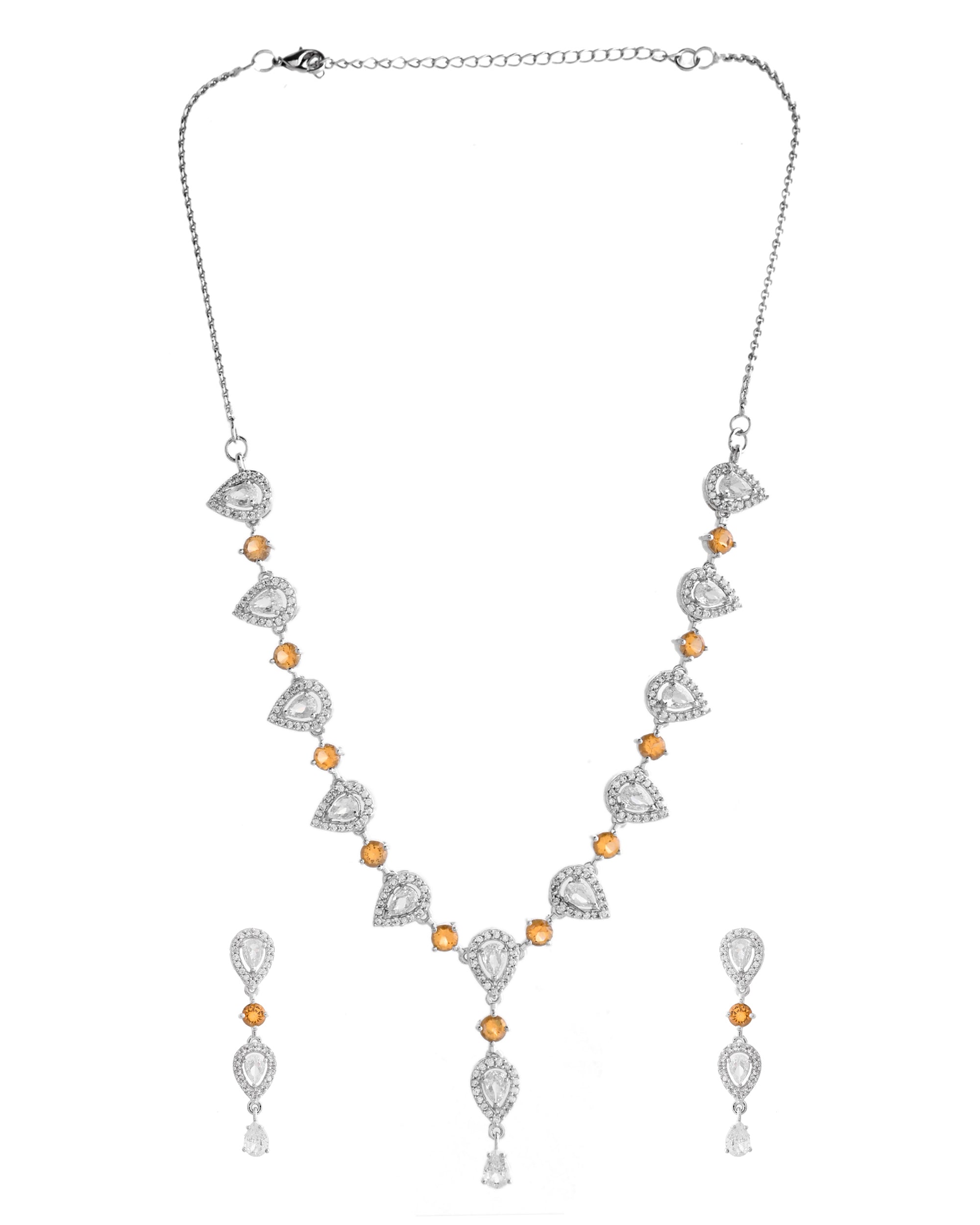 VOJ Silver Plated Yellow Stone Tear Drop Shaped AD Jewellery Set