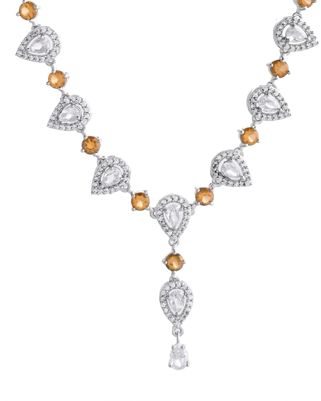 VOJ Silver Plated Yellow Stone Tear Drop Shaped AD Jewellery Set