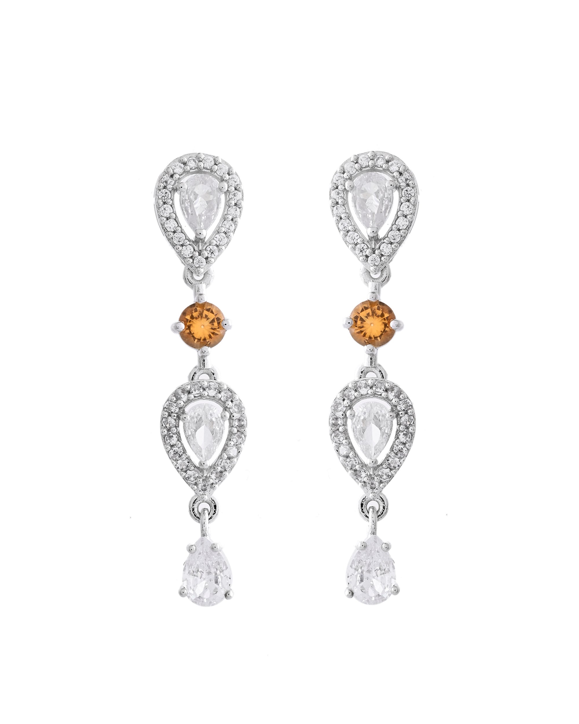 VOJ Silver Plated Yellow Stone Tear Drop Shaped AD Jewellery Set