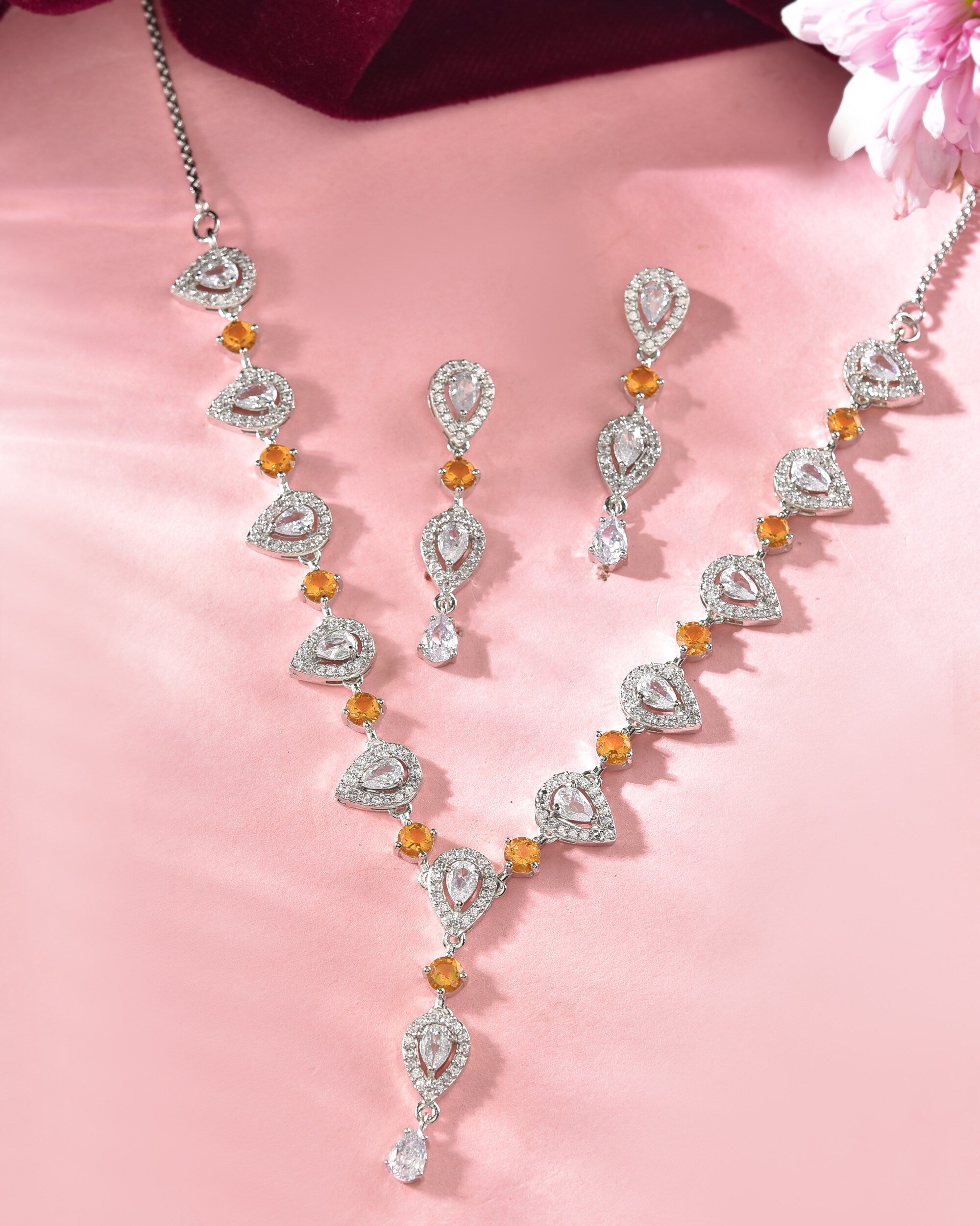 VOJ Silver Plated Yellow Stone Tear Drop Shaped AD Jewellery Set