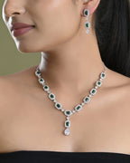 VOJ Silver Plated Green Stone Geometrical Shaped AD Jewellery Set