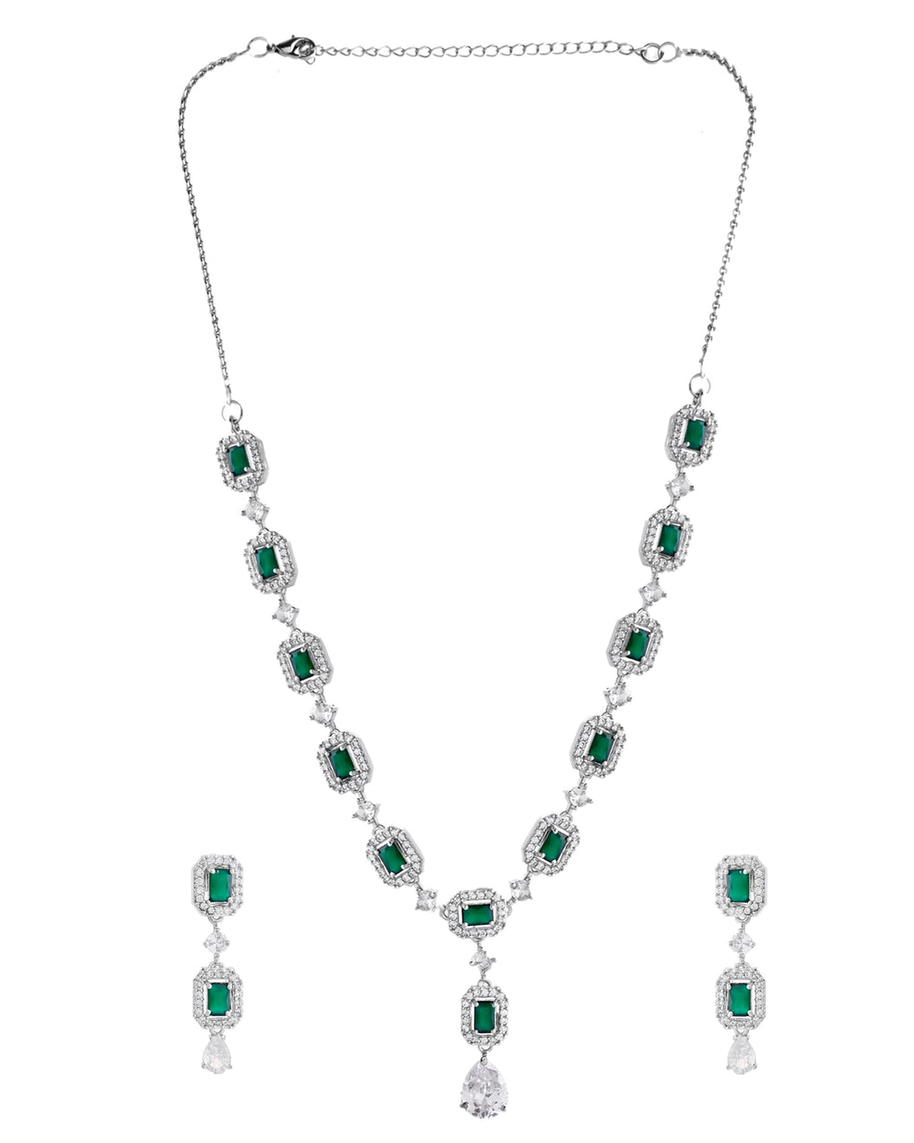 VOJ Silver Plated Green Stone Geometrical Shaped AD Jewellery Set