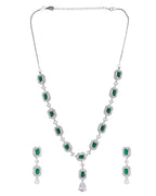 VOJ Silver Plated Green Stone Geometrical Shaped AD Jewellery Set