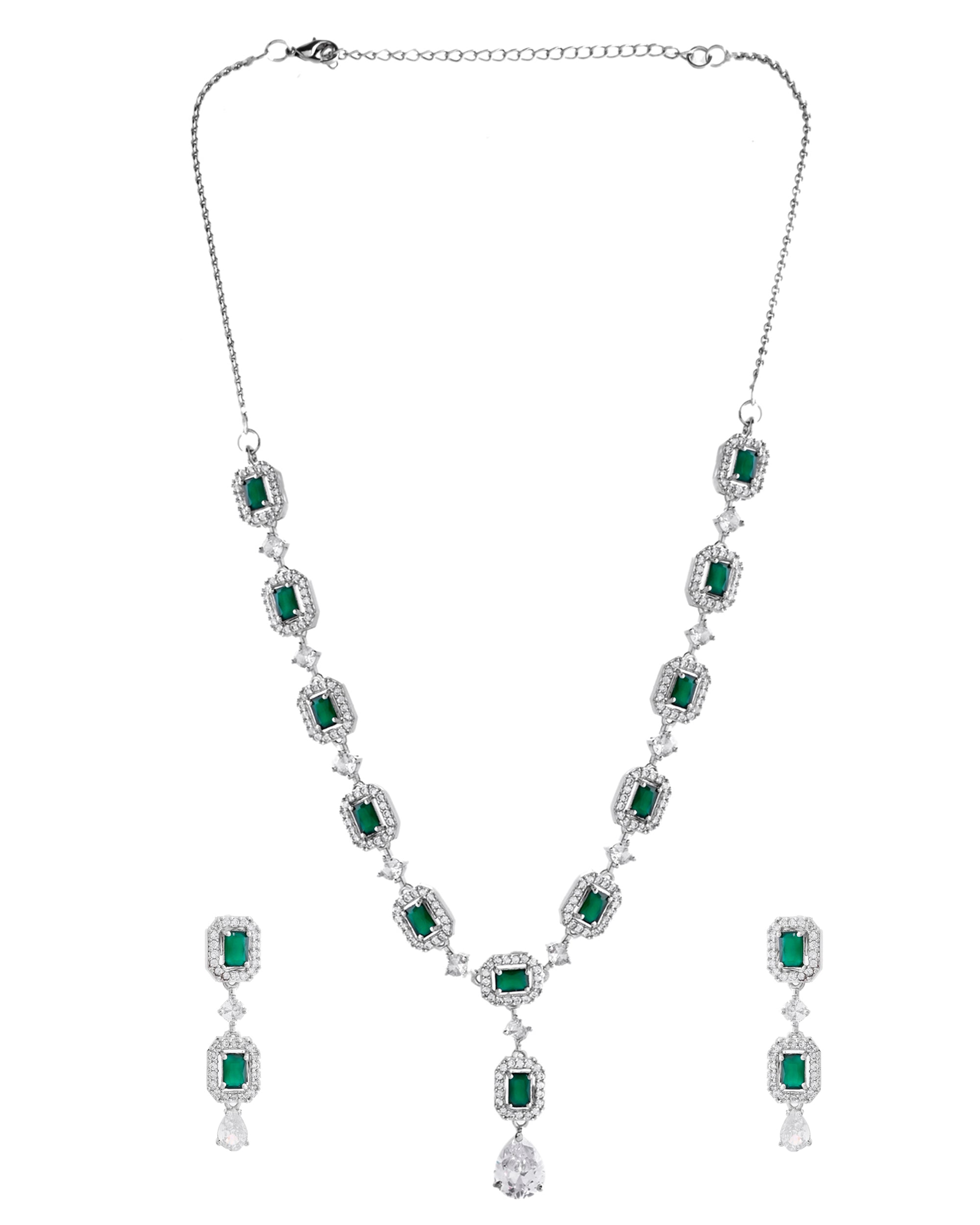 VOJ Silver Plated Green Stone Geometrical Shaped AD Jewellery Set