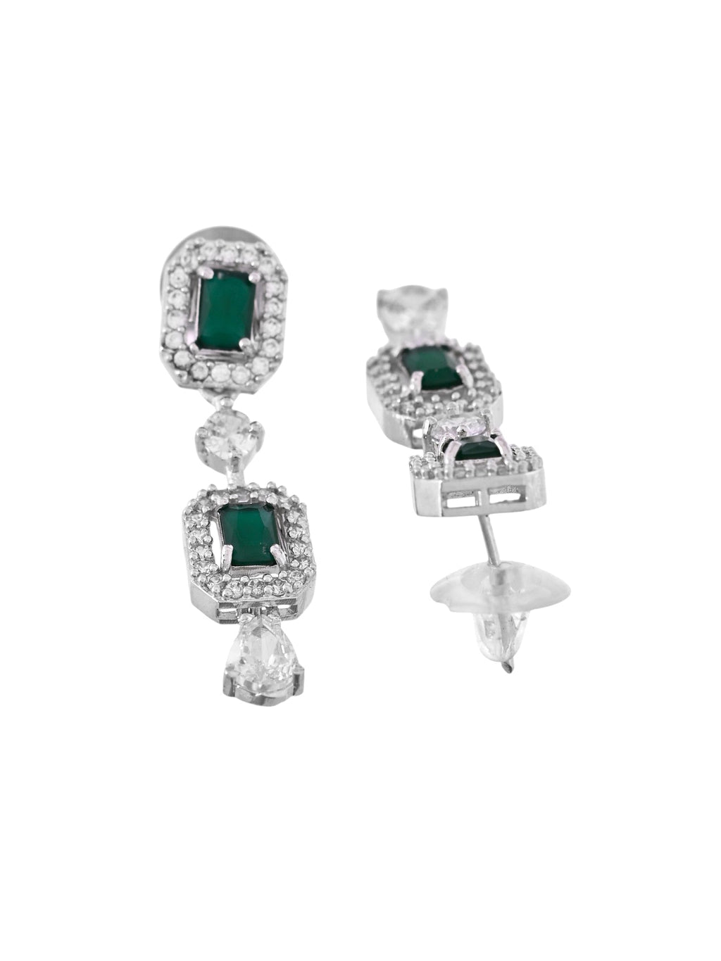 VOJ Silver Plated Green Stone Geometrical Shaped AD Jewellery Set