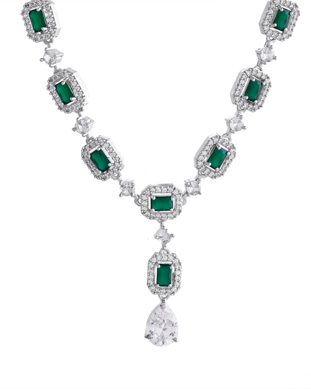 VOJ Silver Plated Green Stone Geometrical Shaped AD Jewellery Set