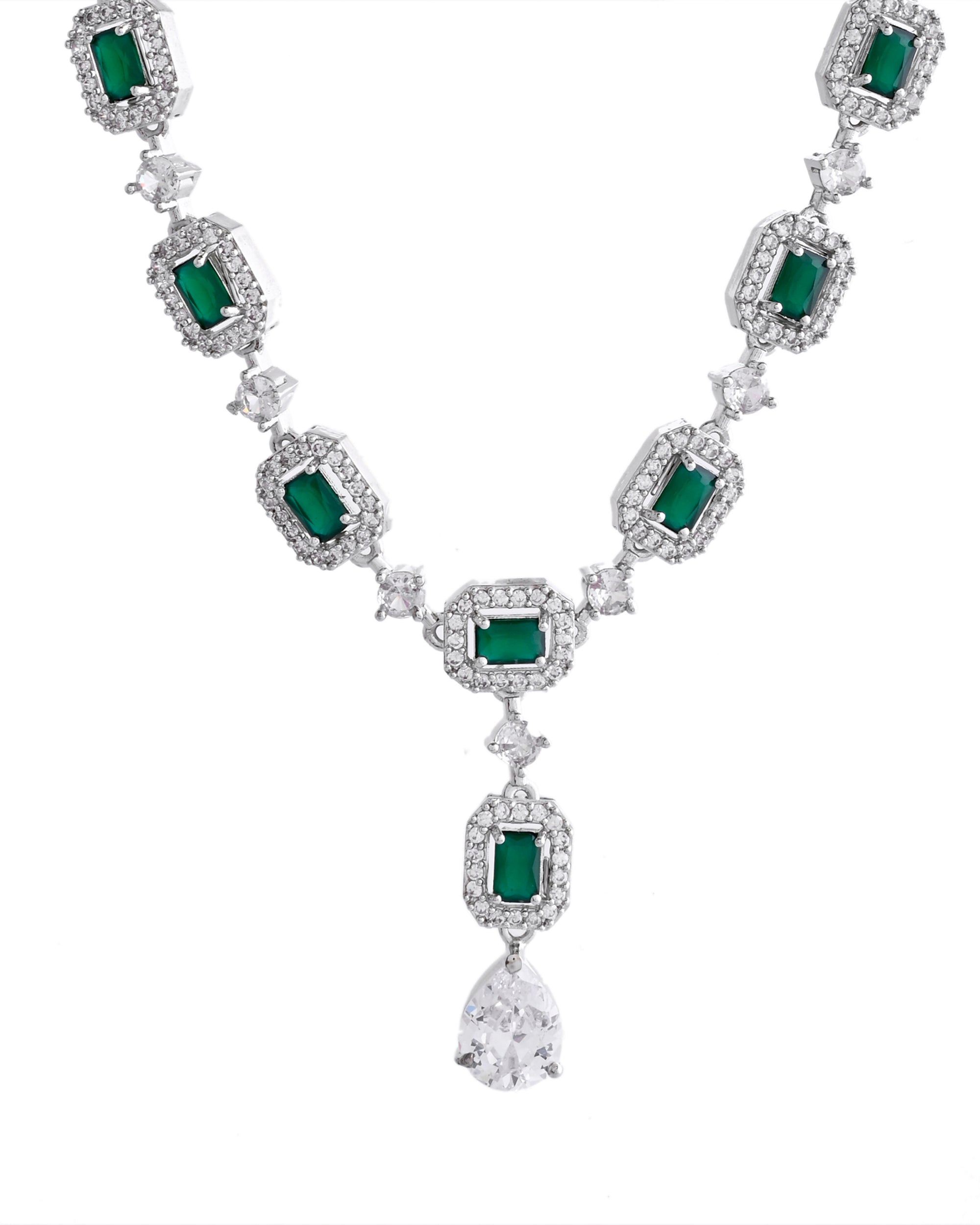 VOJ Silver Plated Green Stone Geometrical Shaped AD Jewellery Set