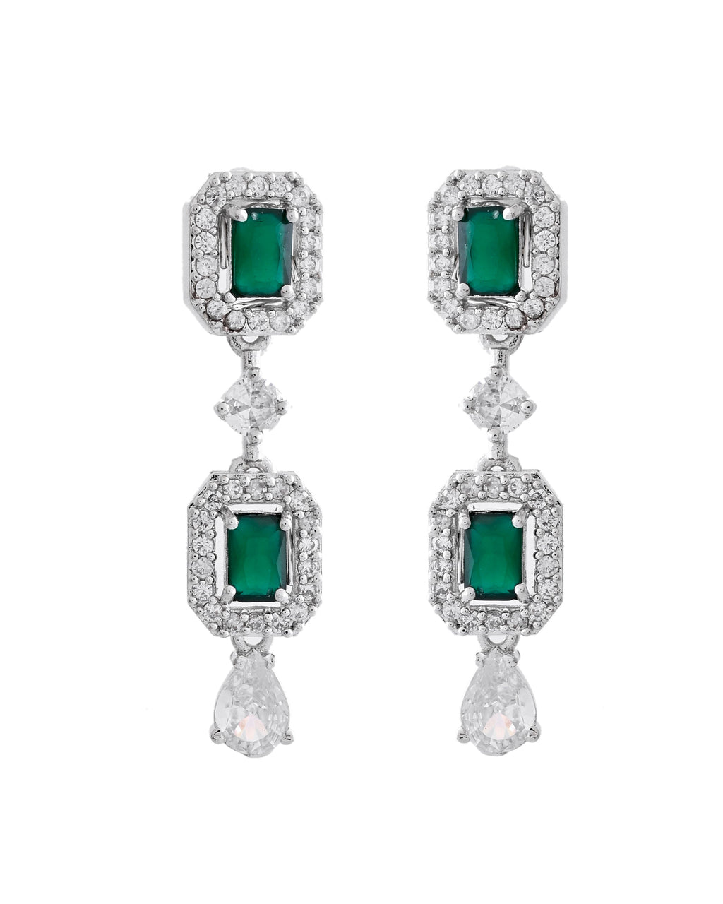 VOJ Silver Plated Green Stone Geometrical Shaped AD Jewellery Set