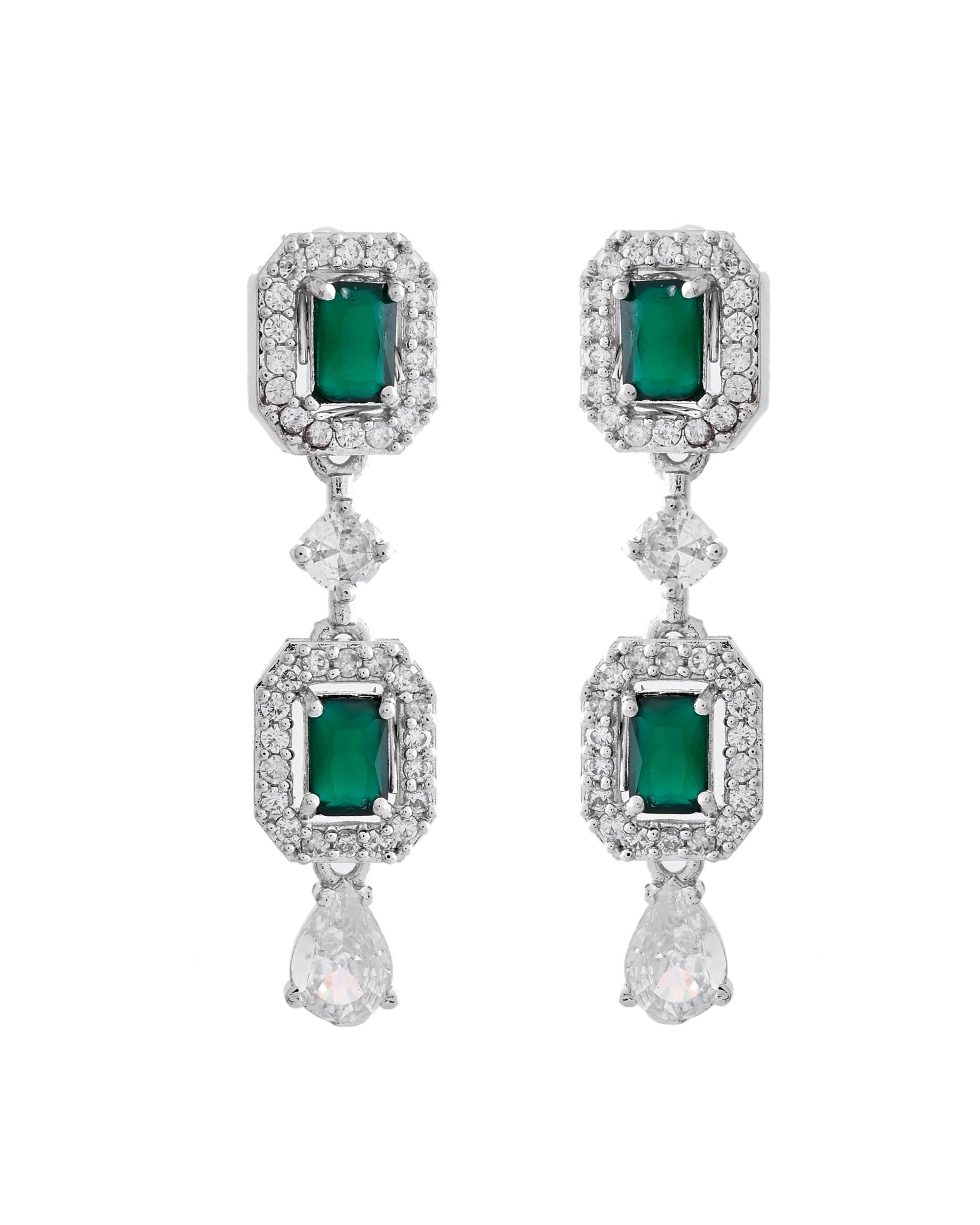 VOJ Silver Plated Green Stone Geometrical Shaped AD Jewellery Set