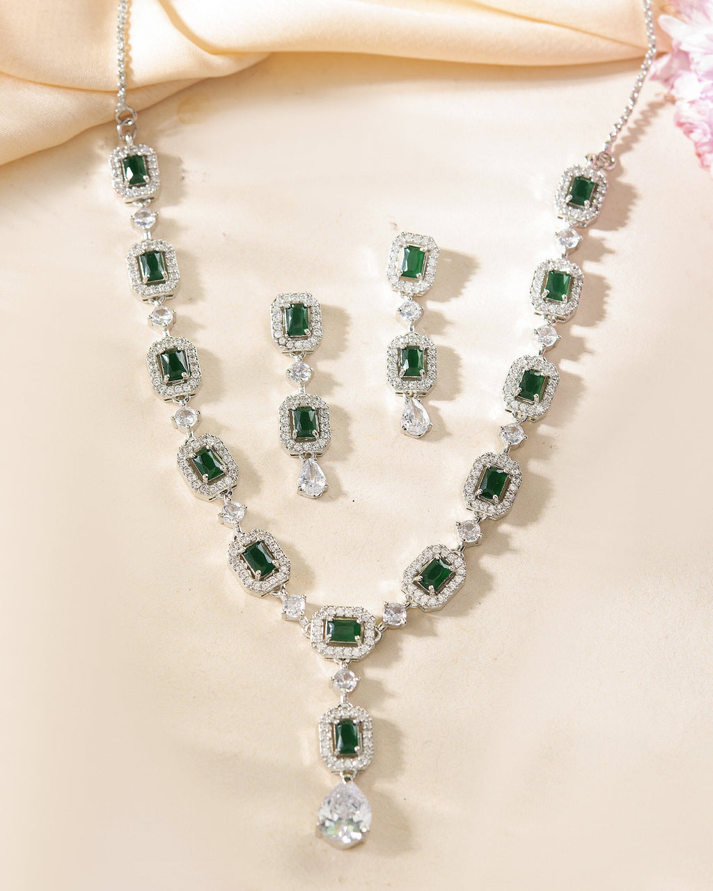 VOJ Silver Plated Green Stone Geometrical Shaped AD Jewellery Set