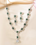 VOJ Silver Plated Green Stone Geometrical Shaped AD Jewellery Set