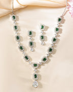 VOJ Silver Plated Green Stone Geometrical Shaped AD Jewellery Set