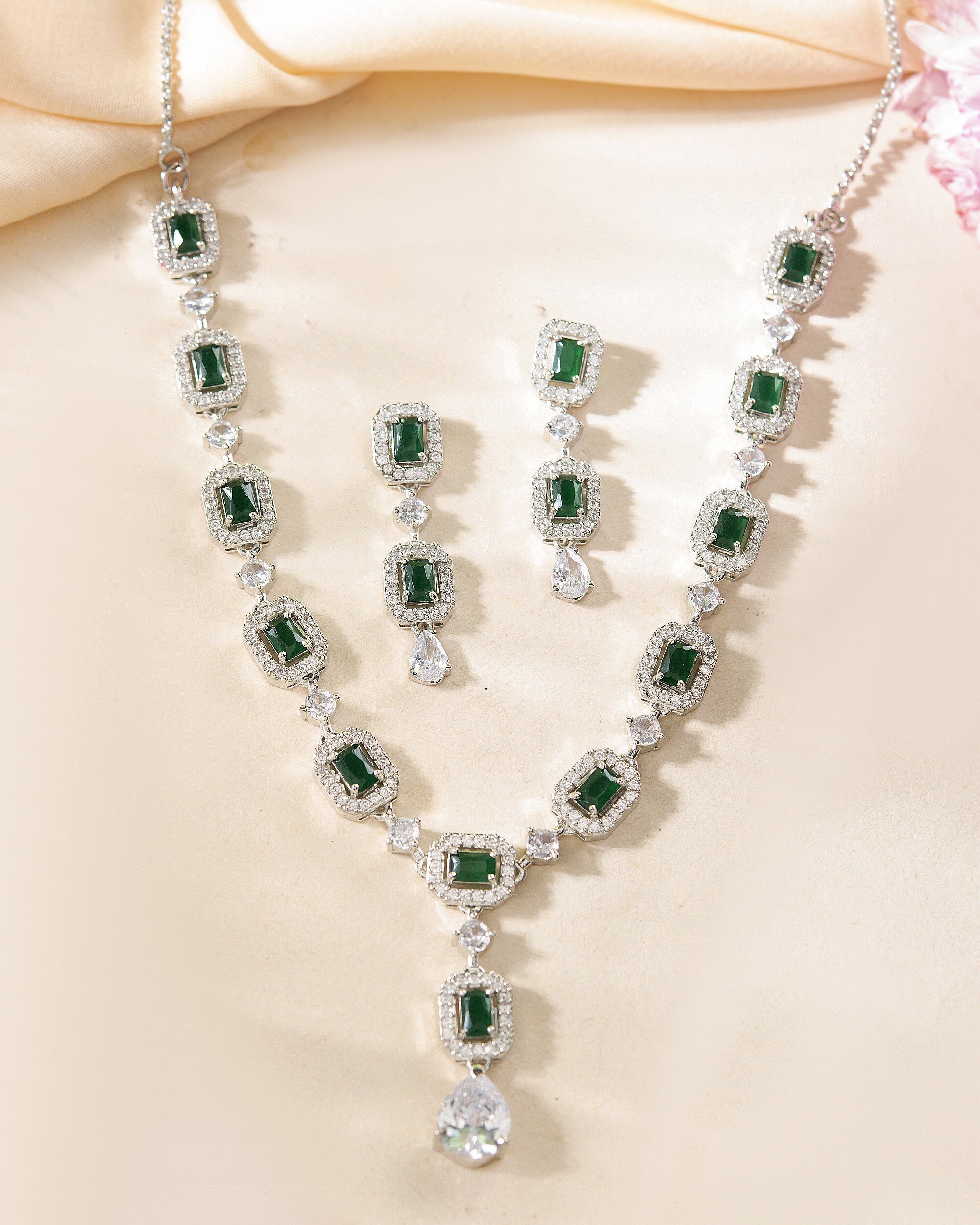 VOJ Silver Plated Green Stone Geometrical Shaped AD Jewellery Set