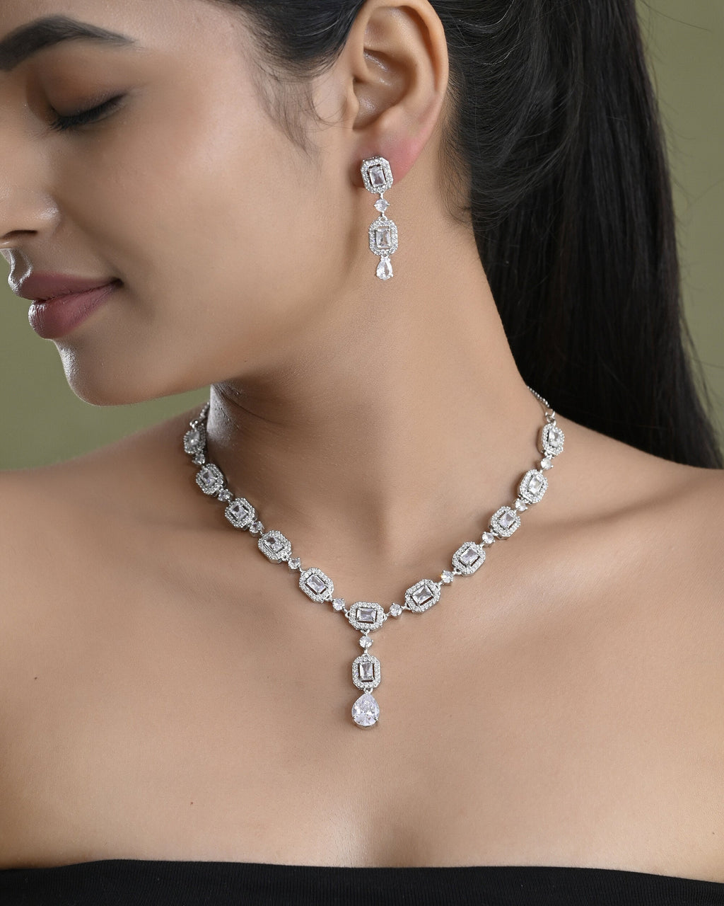 VOJ Silver Plated Geometrical Shaped AD Jewellery Set
