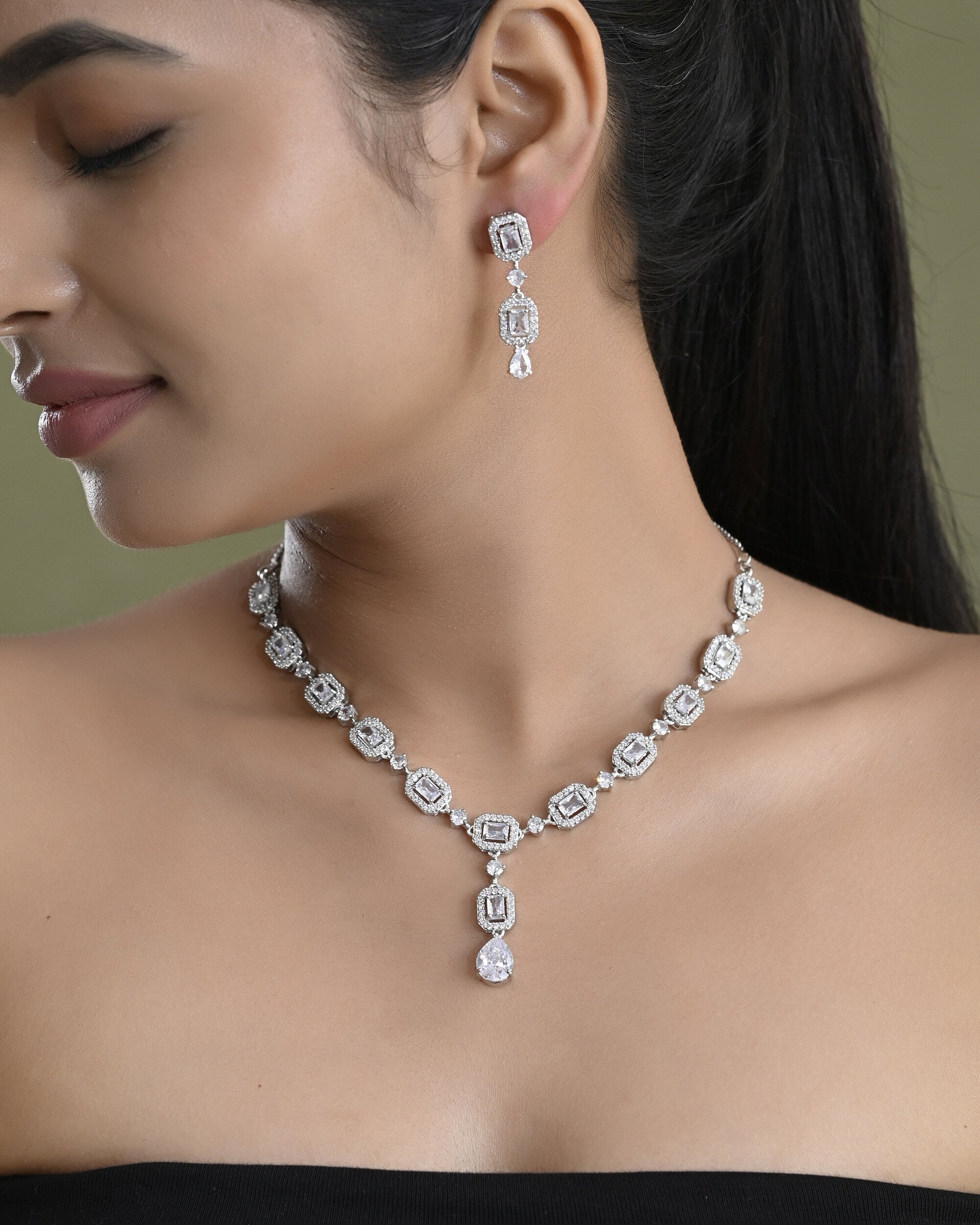 VOJ Silver Plated Geometrical Shaped AD Jewellery Set